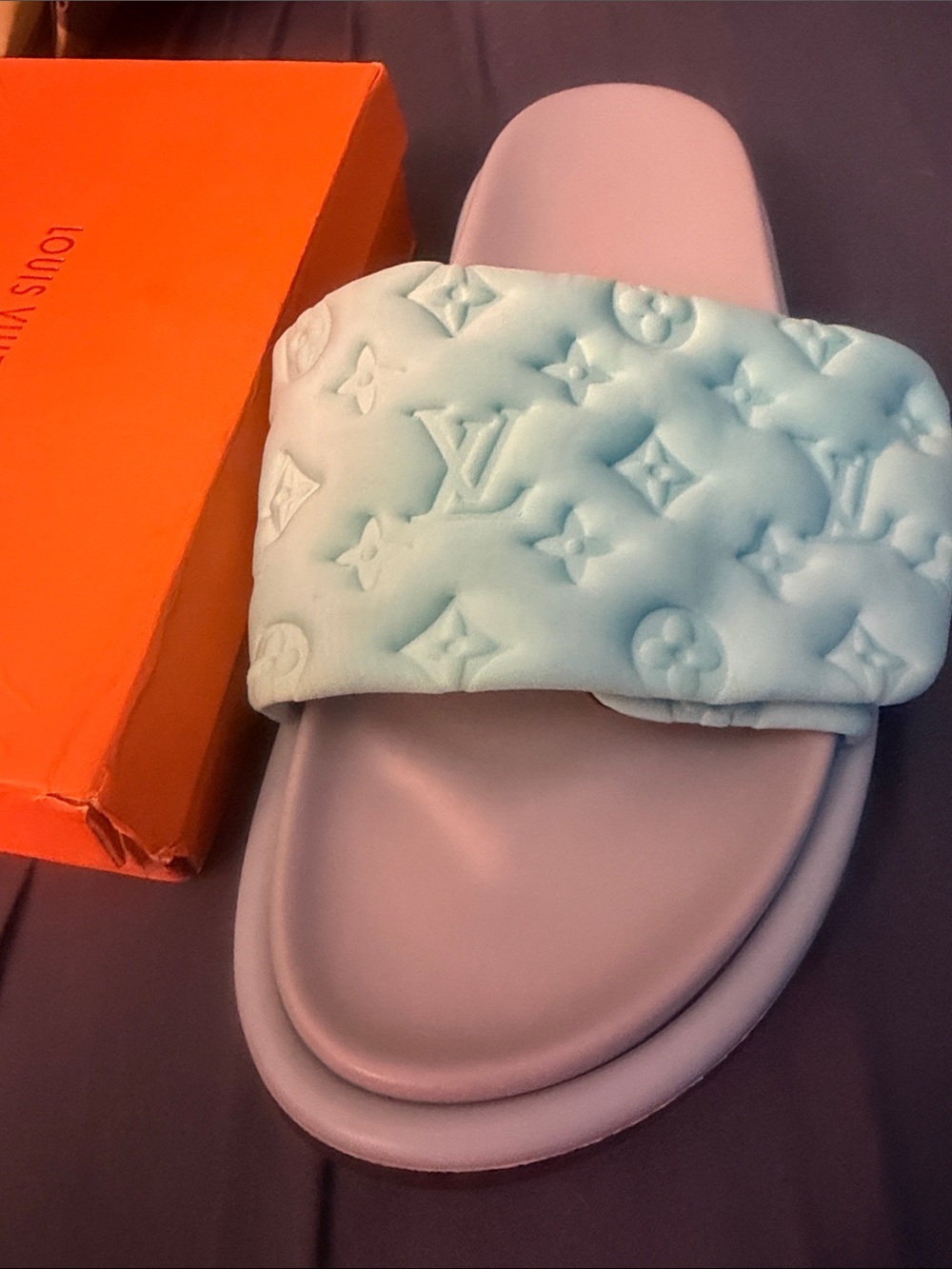 Lv Pastel Pink Slide Sandals with Light Blue Embossed Strap